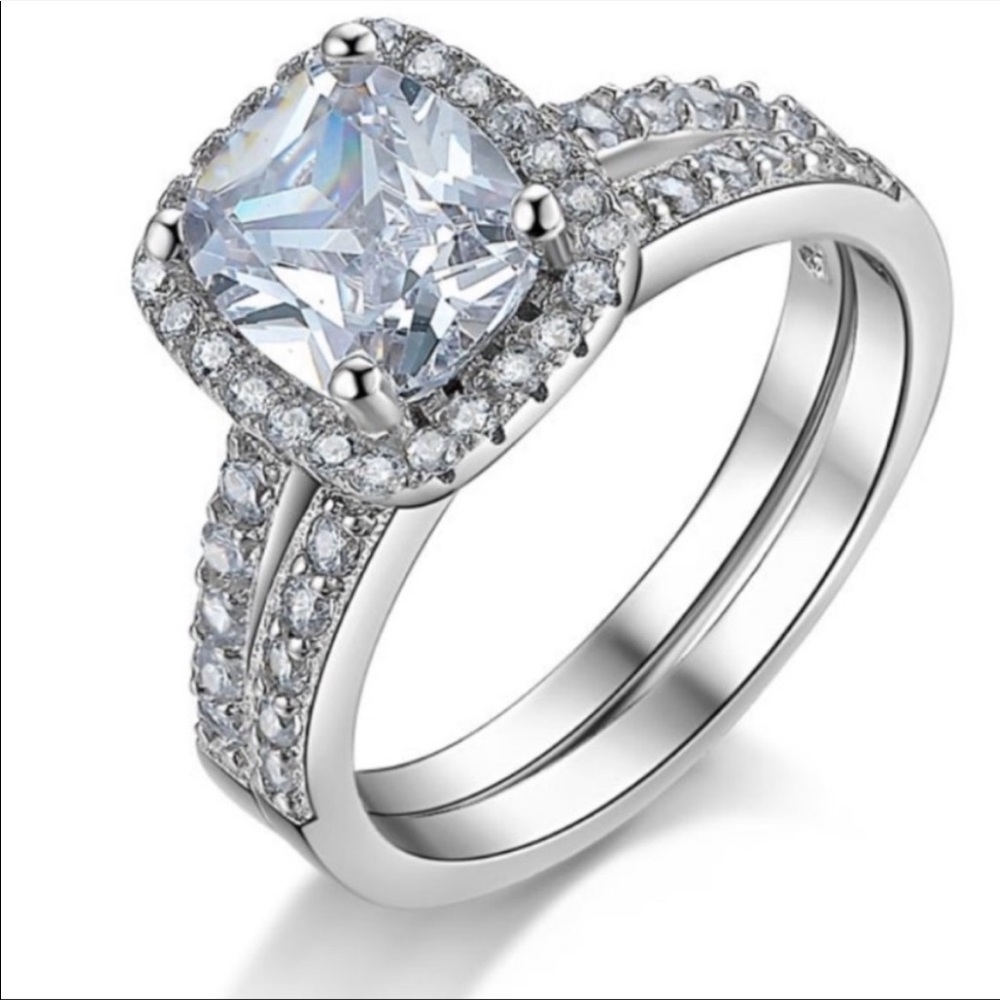 CUSHION CUT 925 STERLING SILVER DIAMOND RING Set - Picture 5 of 5